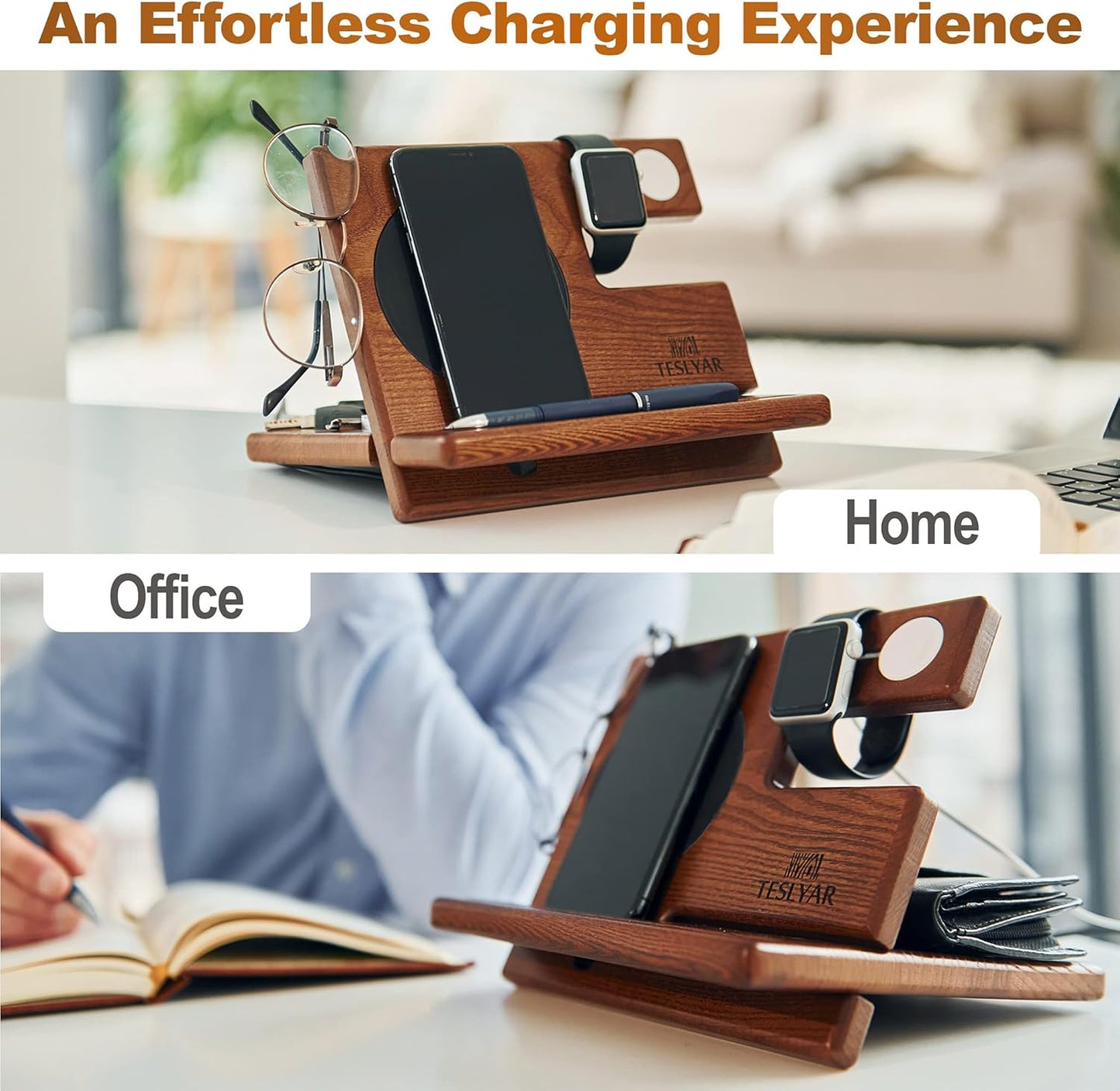 Teslyar Multifunctional Charging Station Organizer Dock Holder Stand Brown NEW