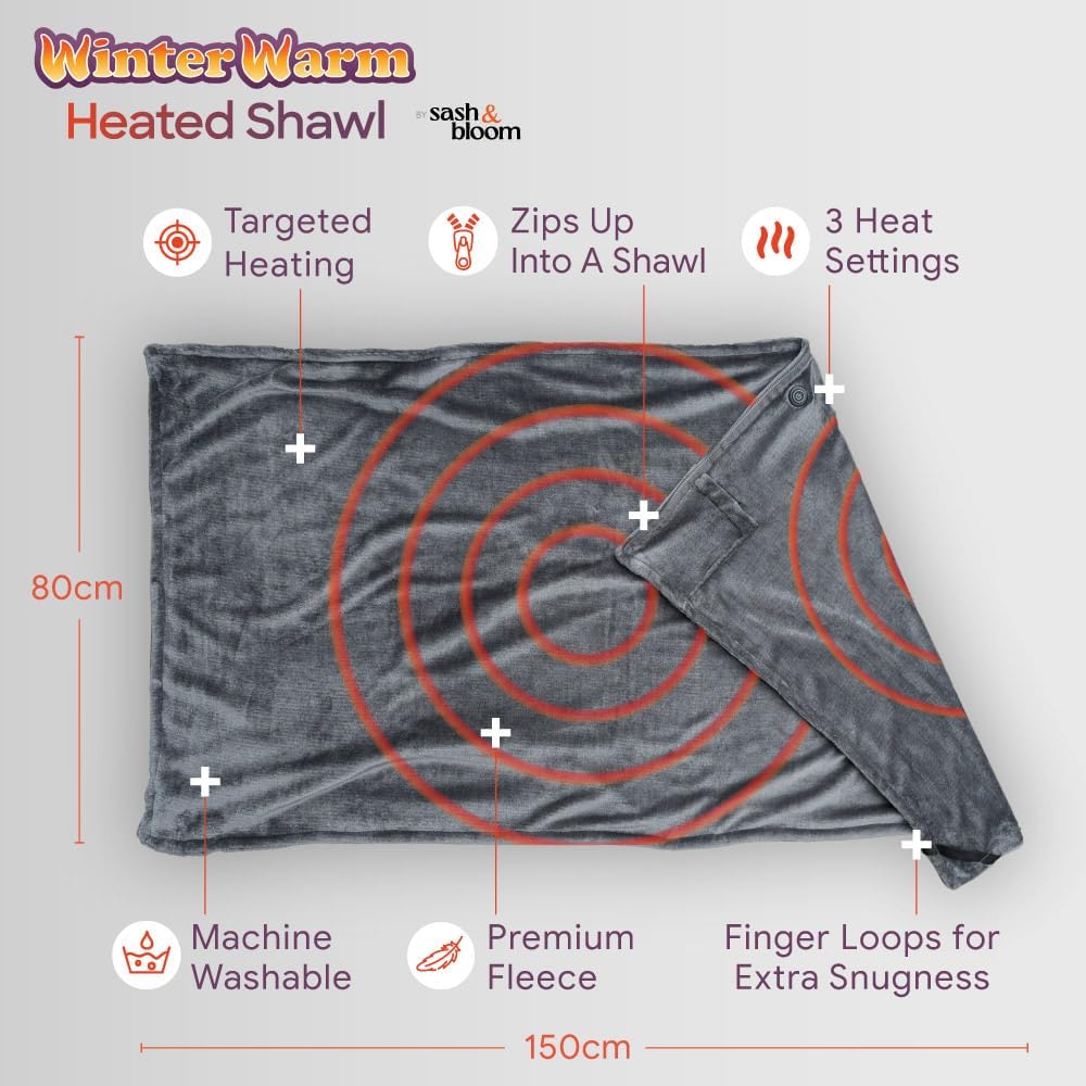 Sash & Blankets Bloom Unisex Oversized Heated Blanket Shawl Charcoal Size NEW