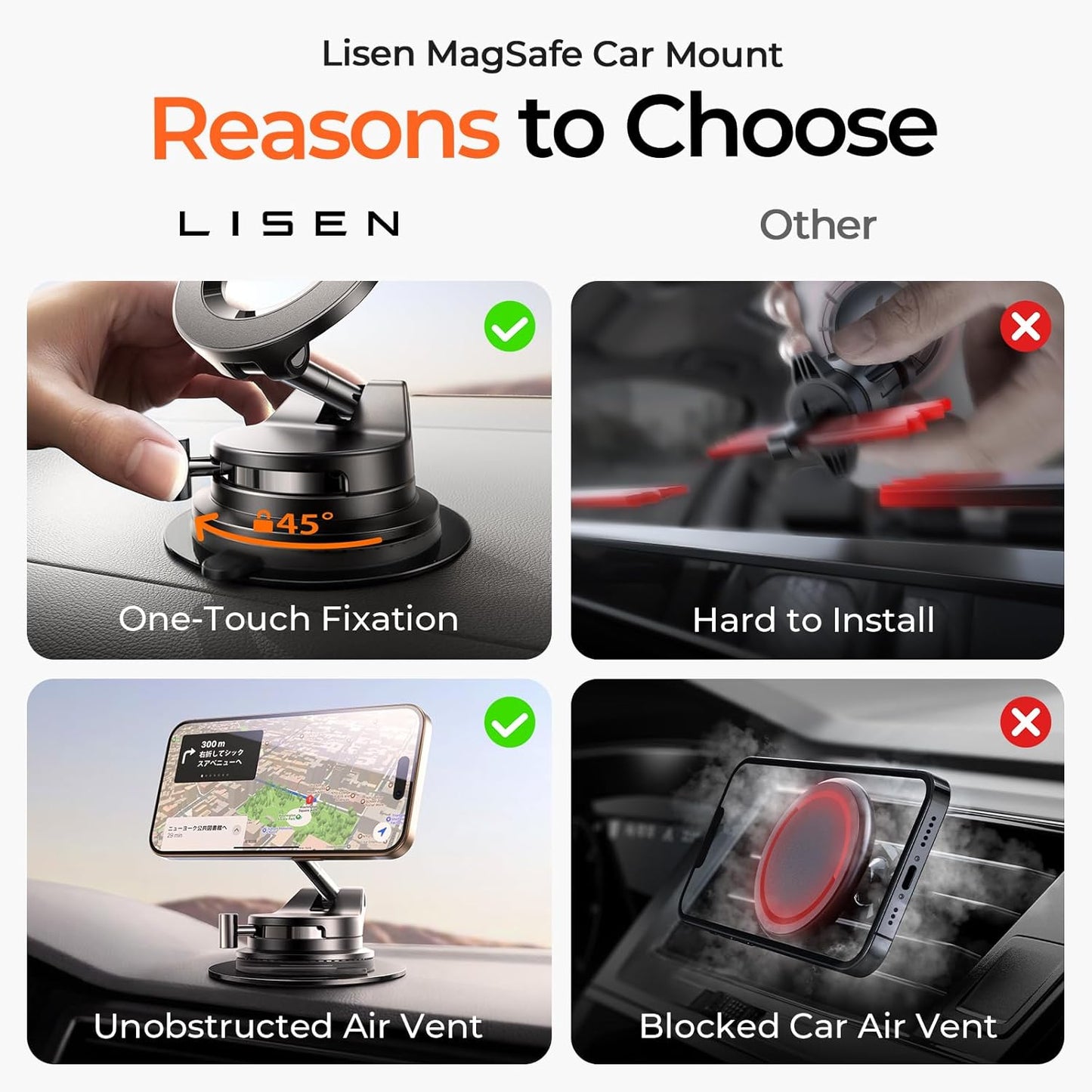 LISEN Strongest Suction Magnet Dash-Mounted Phone Holder for Cars, Black NEW
