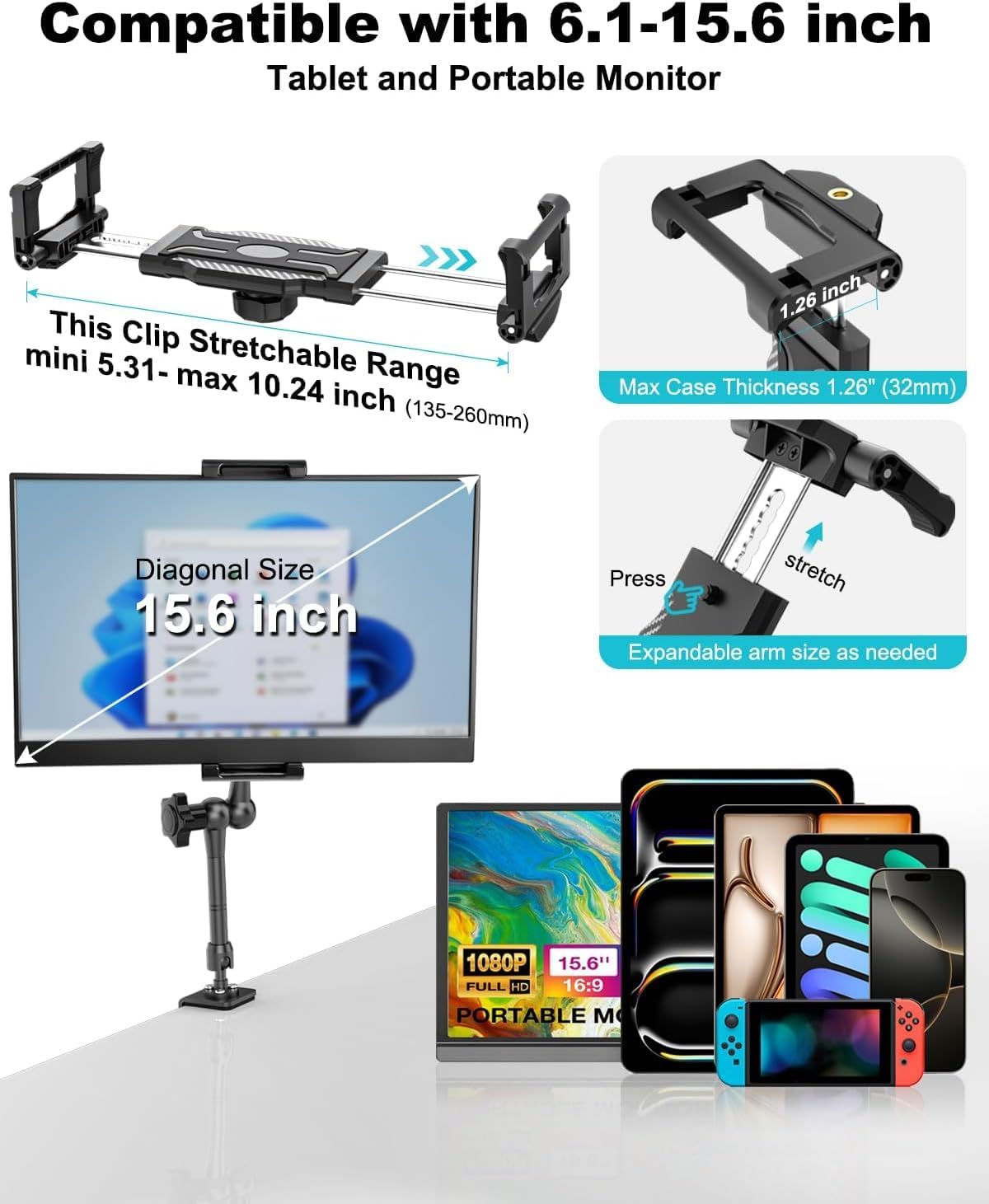EXSHOW Adjustable Stands Metal Monitor Stand 360° Desk Mount for 15.6 Inch NEW