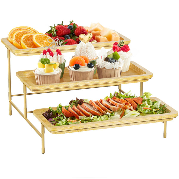 Lifewit 3-Tier Bamboo Serving Tray, Gold Tiered Platters for Party Supplies NEW