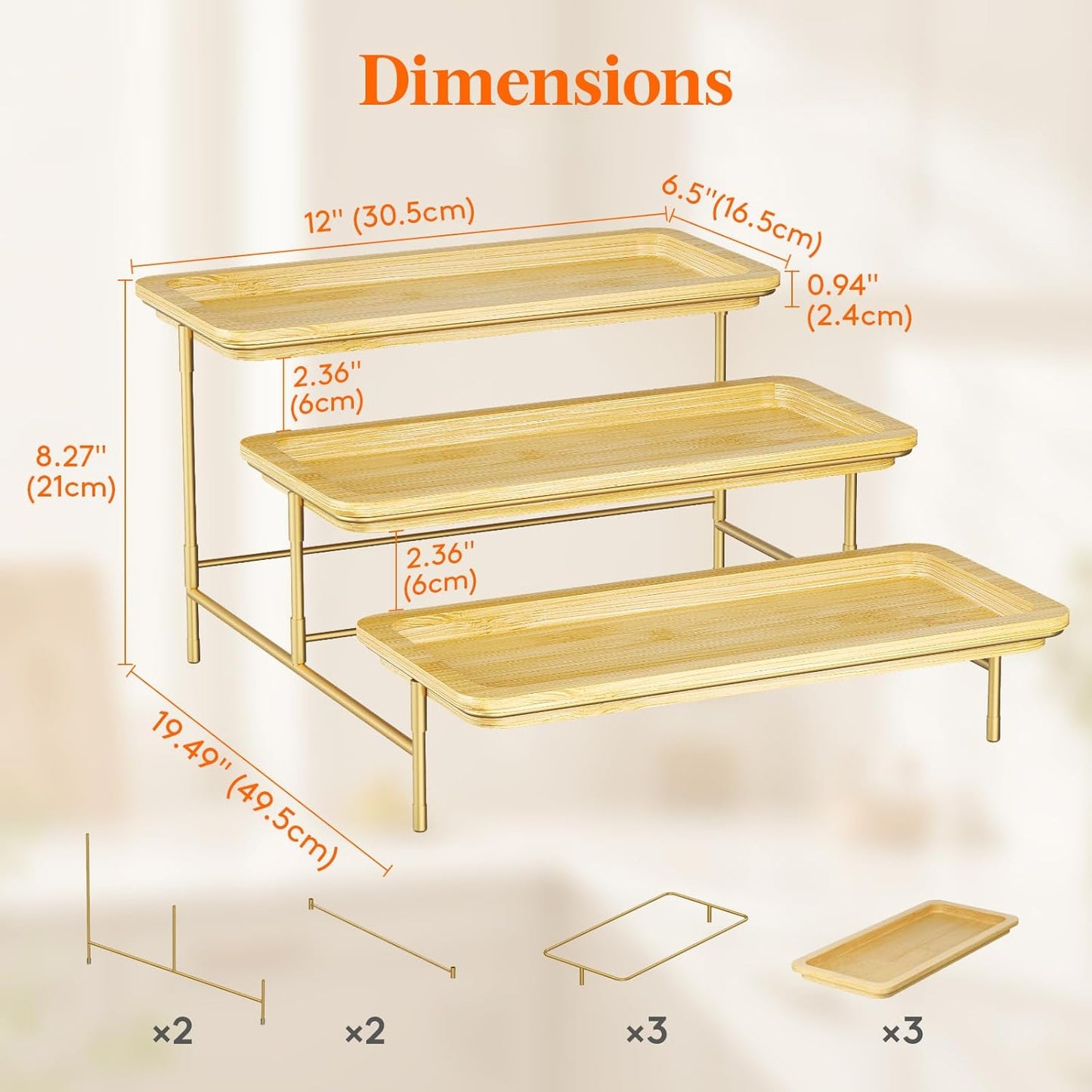 Lifewit 3-Tier Bamboo Serving Tray, Gold Tiered Platters for Party Supplies NEW