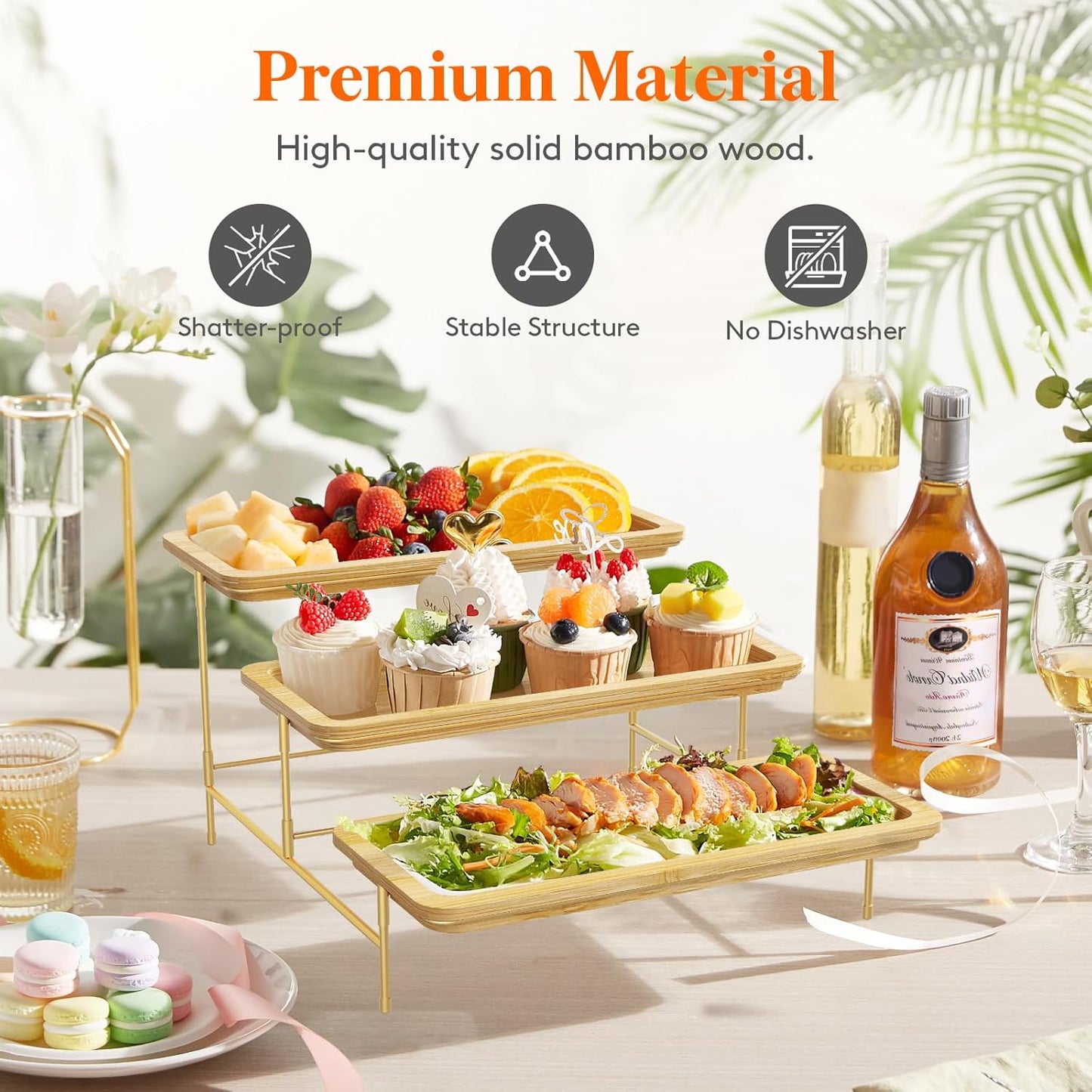 Lifewit 3-Tier Bamboo Serving Tray, Gold Tiered Platters for Party Supplies NEW
