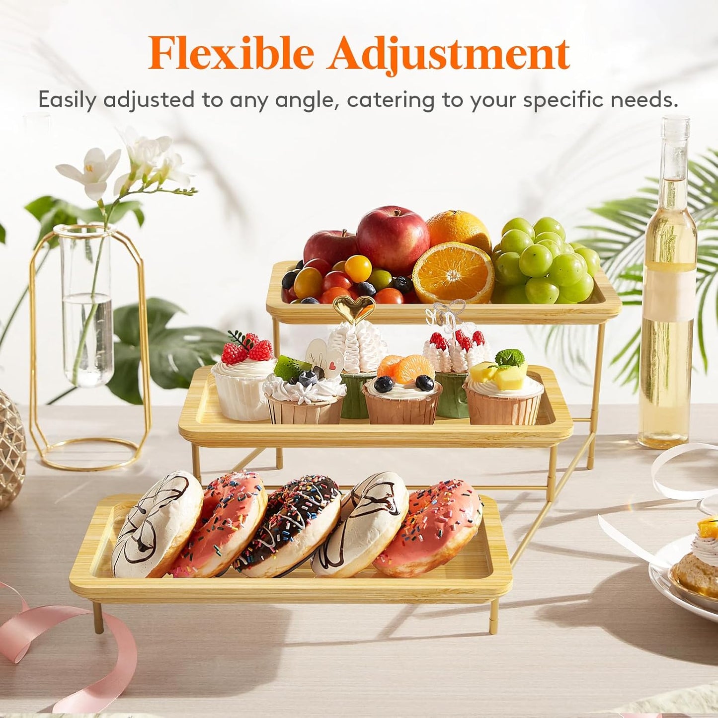 Lifewit 3-Tier Bamboo Serving Tray, Gold Tiered Platters for Party Supplies NEW