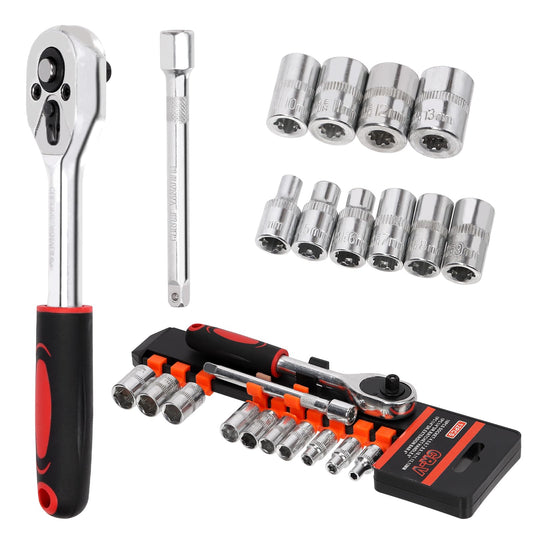 Mardatt 12-Piece Ratchet Socket Wrench Set Chrome Vanadium Steel Size 4-13mm NEW