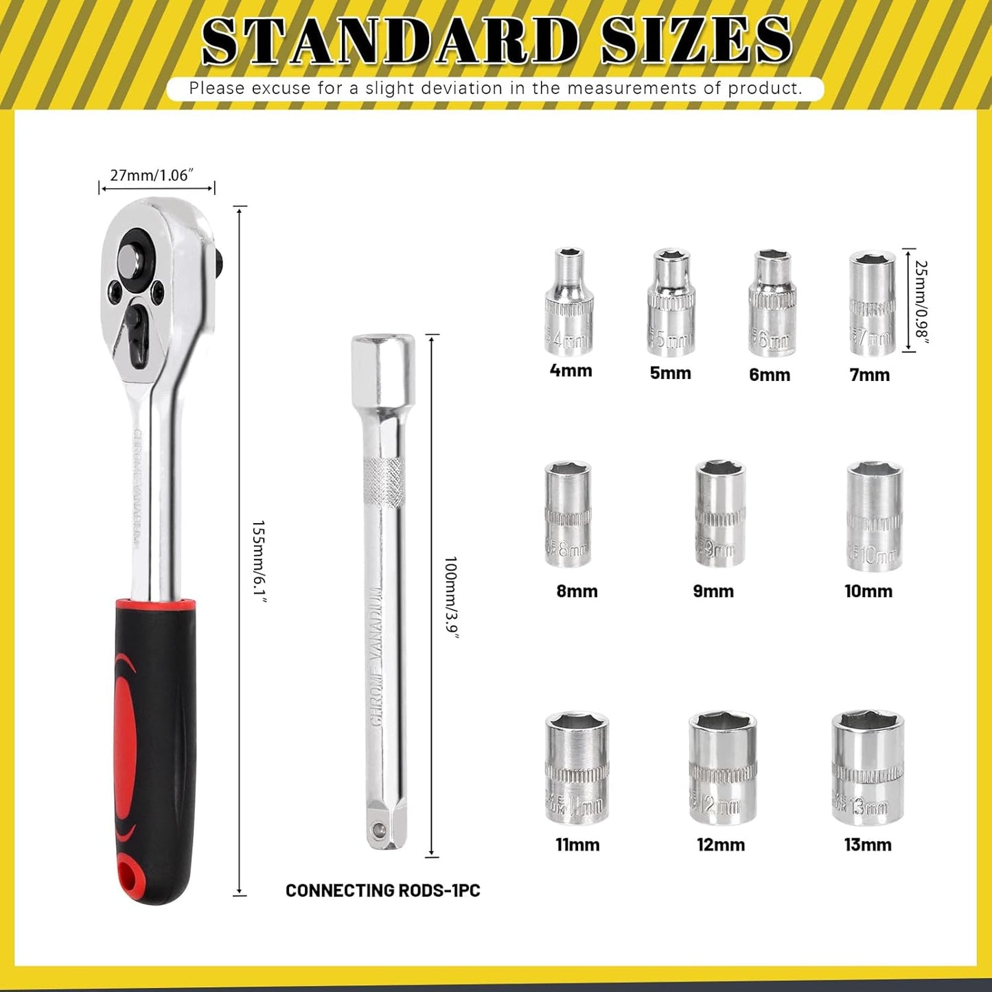 Mardatt 12-Piece Ratchet Socket Wrench Set Chrome Vanadium Steel Size 4-13mm NEW