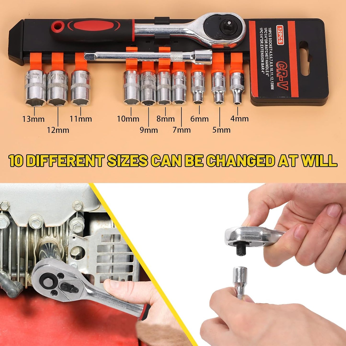 Mardatt 12-Piece Ratchet Socket Wrench Set Chrome Vanadium Steel Size 4-13mm NEW