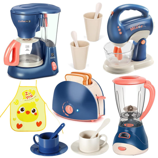 Blue Kids & White Kitchen Playset with Coffee Machine Toaster Blender Mixer NEW