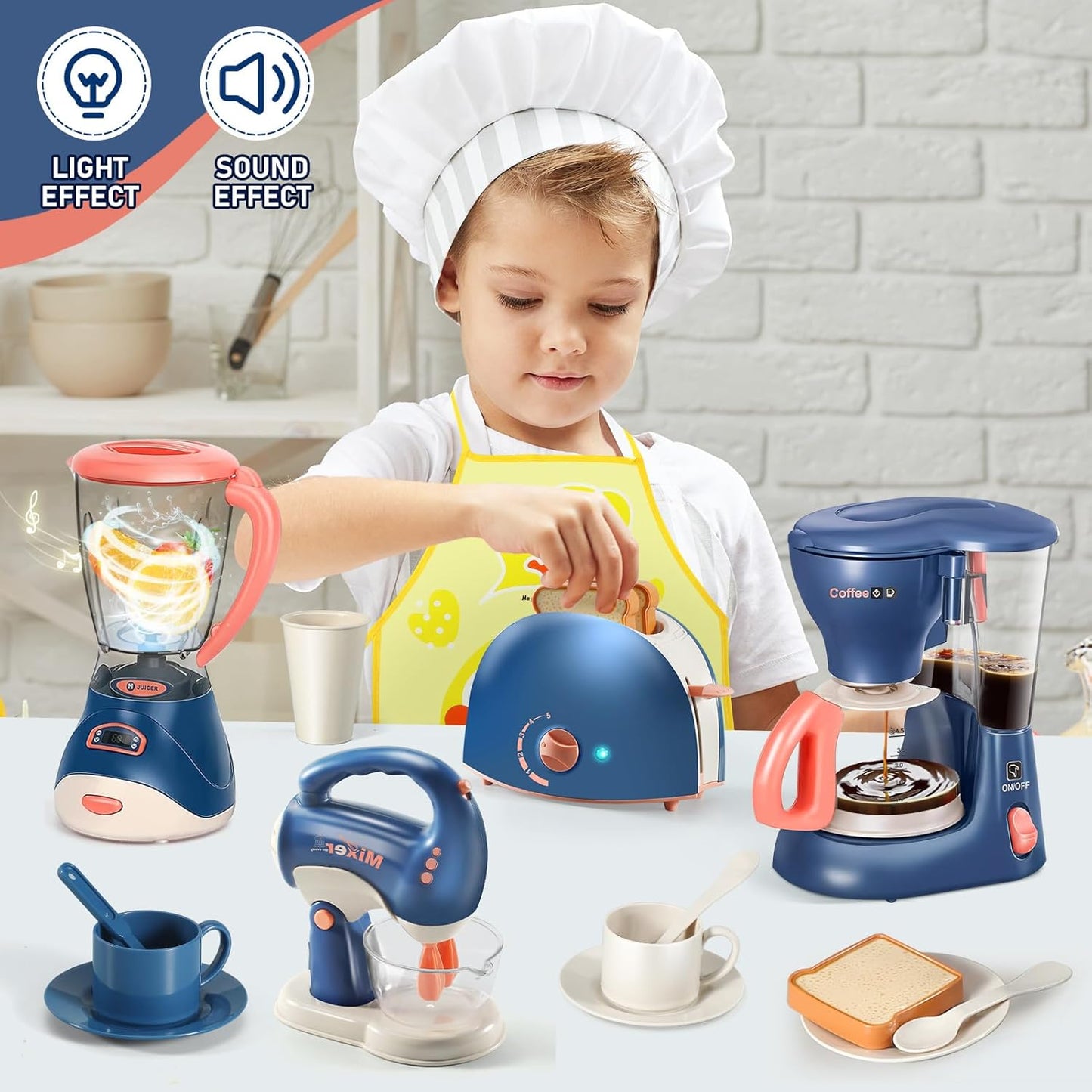 Blue Kids & White Kitchen Playset with Coffee Machine Toaster Blender Mixer NEW