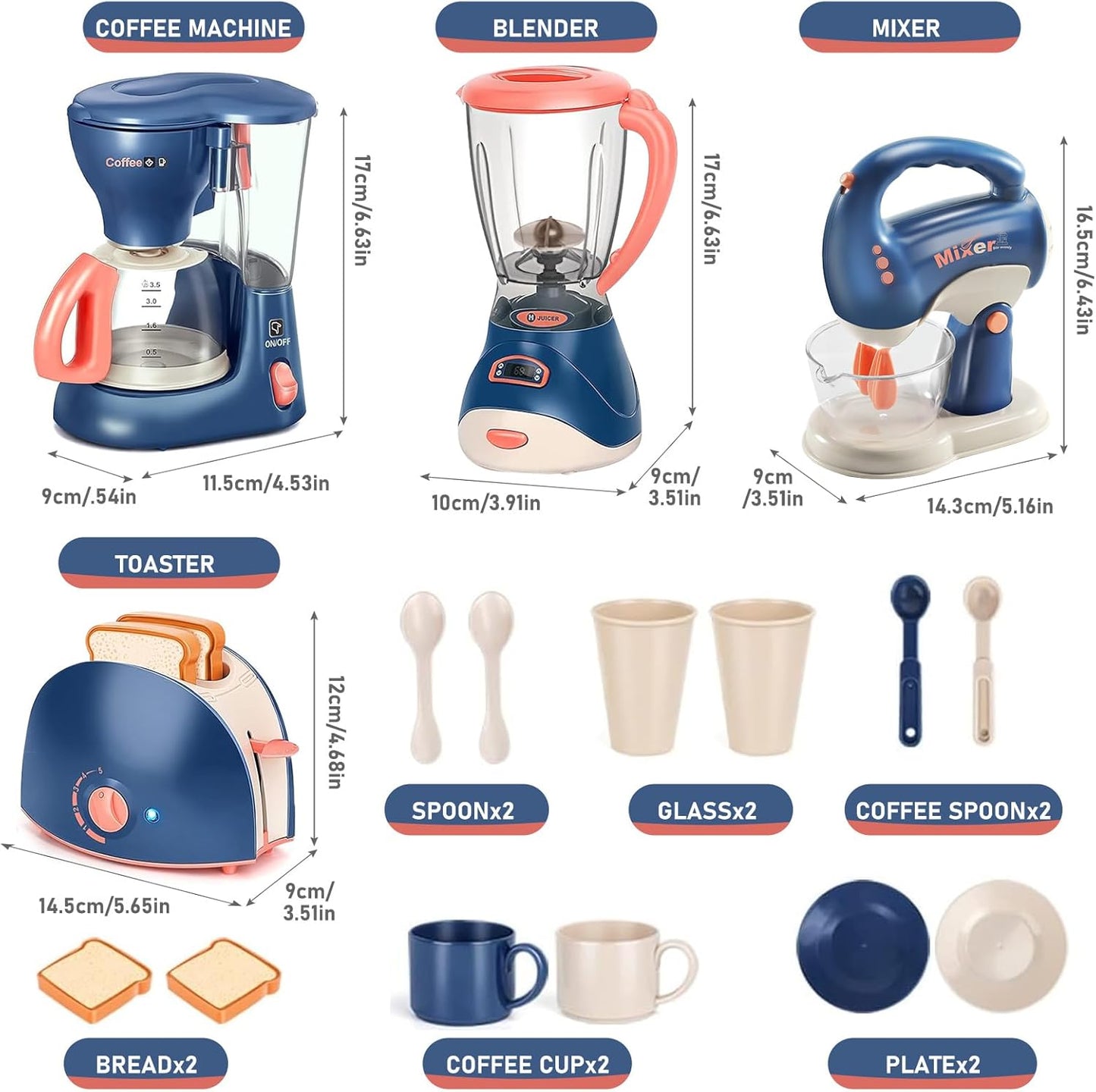 Blue Kids & White Kitchen Playset with Coffee Machine Toaster Blender Mixer NEW