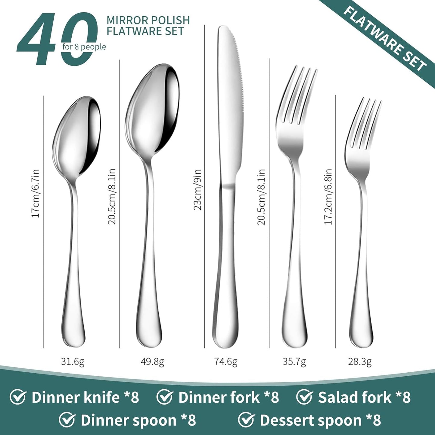 40-Piece Stainless Steel Flatware Set Service for 8 Cutlery Silver Standard NEW