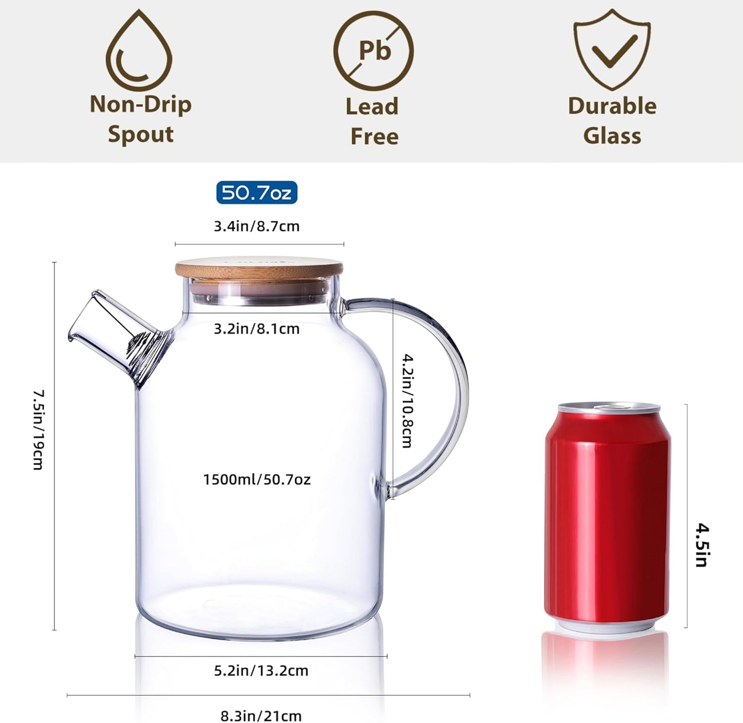 CNGLASS 50.7OZ/1500ml Stovetop Safe Glass Teapot with Removable Filter Size NEW
