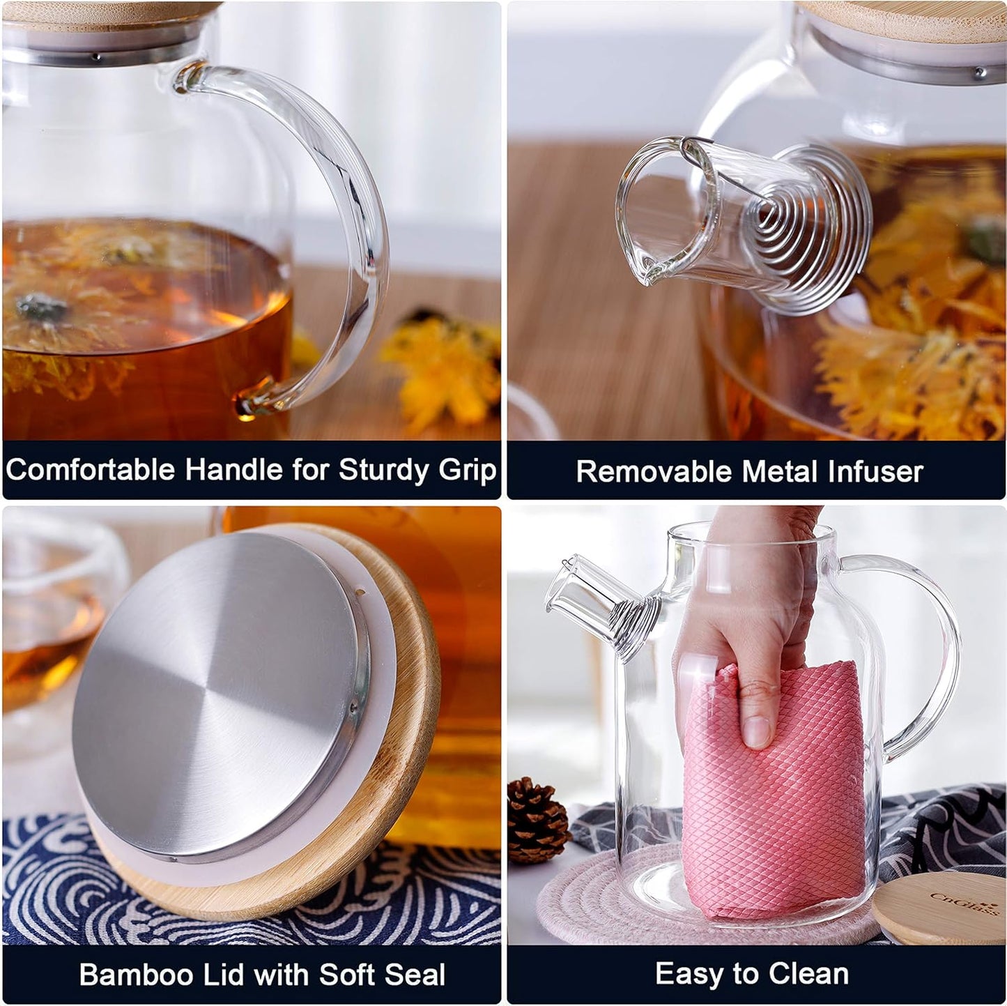 CNGLASS 50.7OZ/1500ml Stovetop Safe Glass Teapot with Removable Filter Size NEW