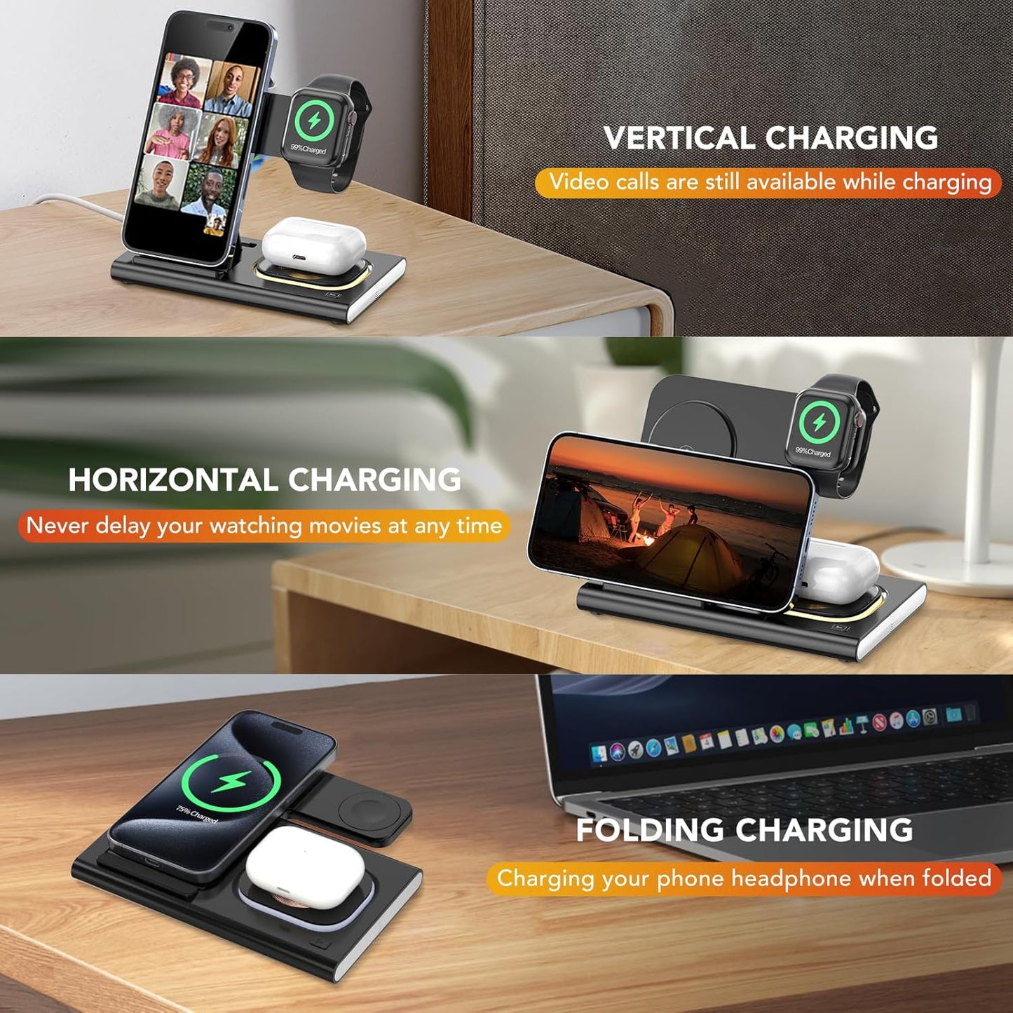 3-in-1 Foldable Fast Wireless Charging Station for iPhone Android Devices NEW