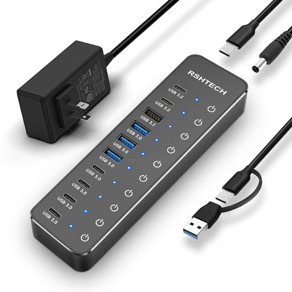 RSHTECH 10-Port USB Hubs USB 3.2 Gen 2 USB-C Hub Splitter, 60W, 10Gbps, DEMO