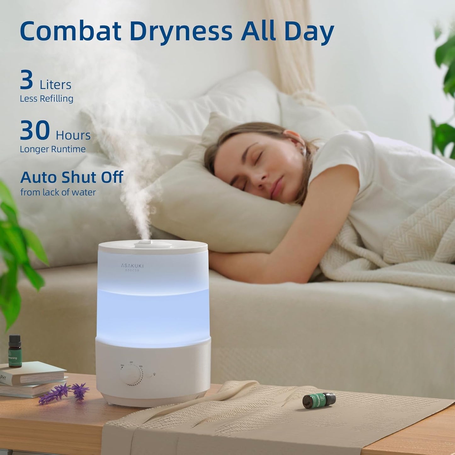 ASAKUKI 3L Cool Mist Humidifier for Bedroom, Home, Office - White NEW