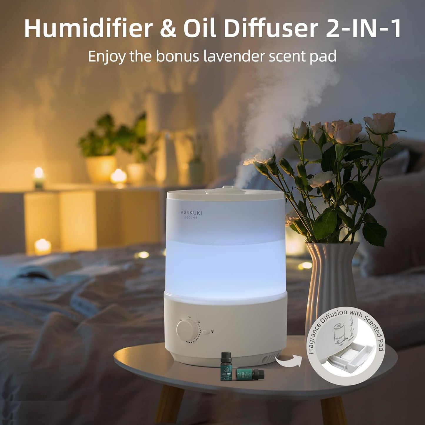 ASAKUKI 3L Cool Mist Humidifier for Bedroom, Home, Office - White NEW
