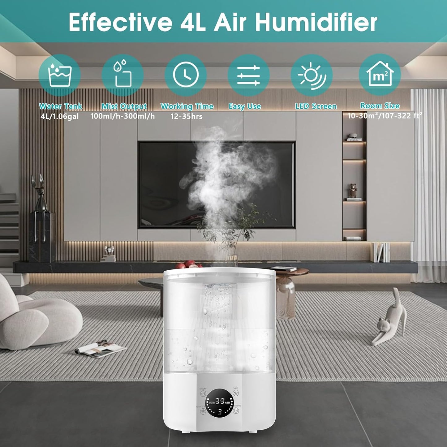 4L Ultrasonic Humidifiers Cool Mist Humidifier for Home, Quiet White Size 4L NEW