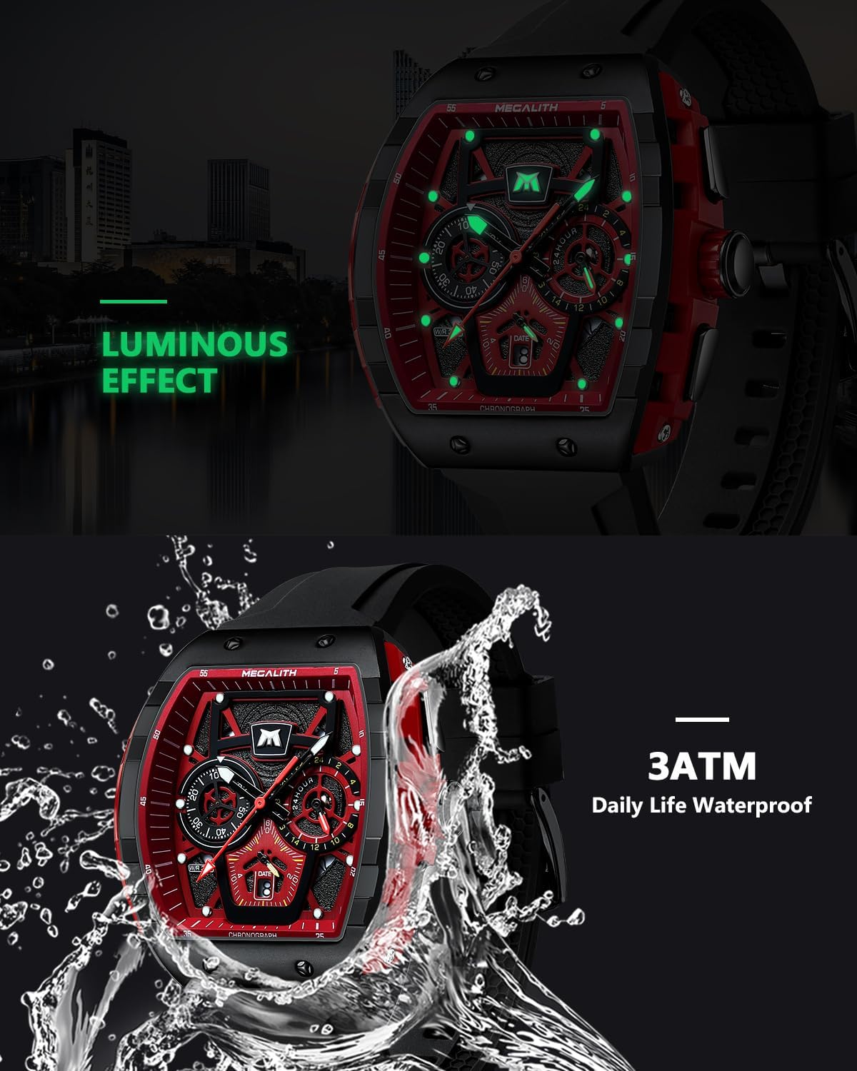 MEGALITH Analog Chronograph Wrist Watch Waterproof Military Sport Black 43mm NEW