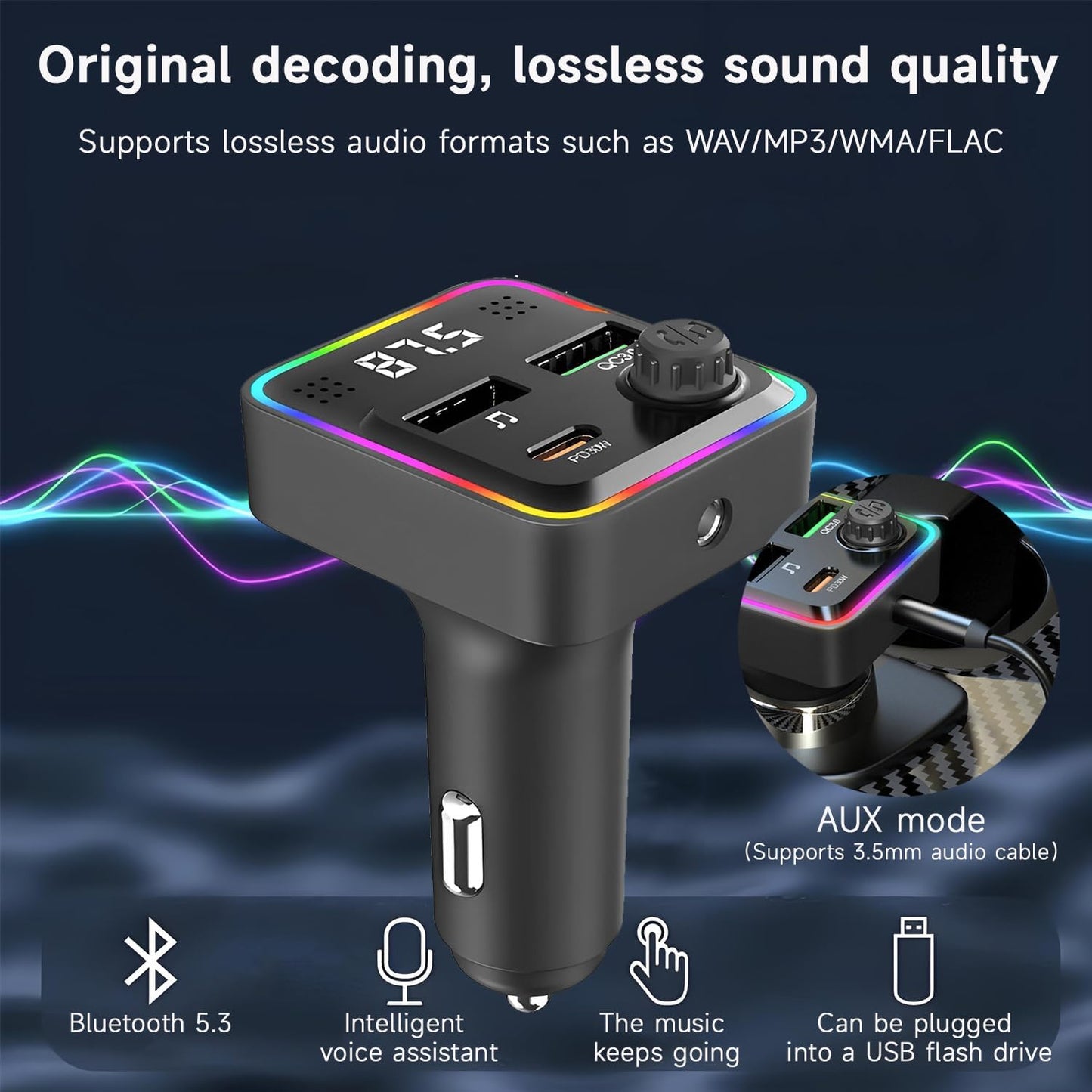 Bluetooth Automobile Charger 5.3 FM Transmitter USB-C Black NEW