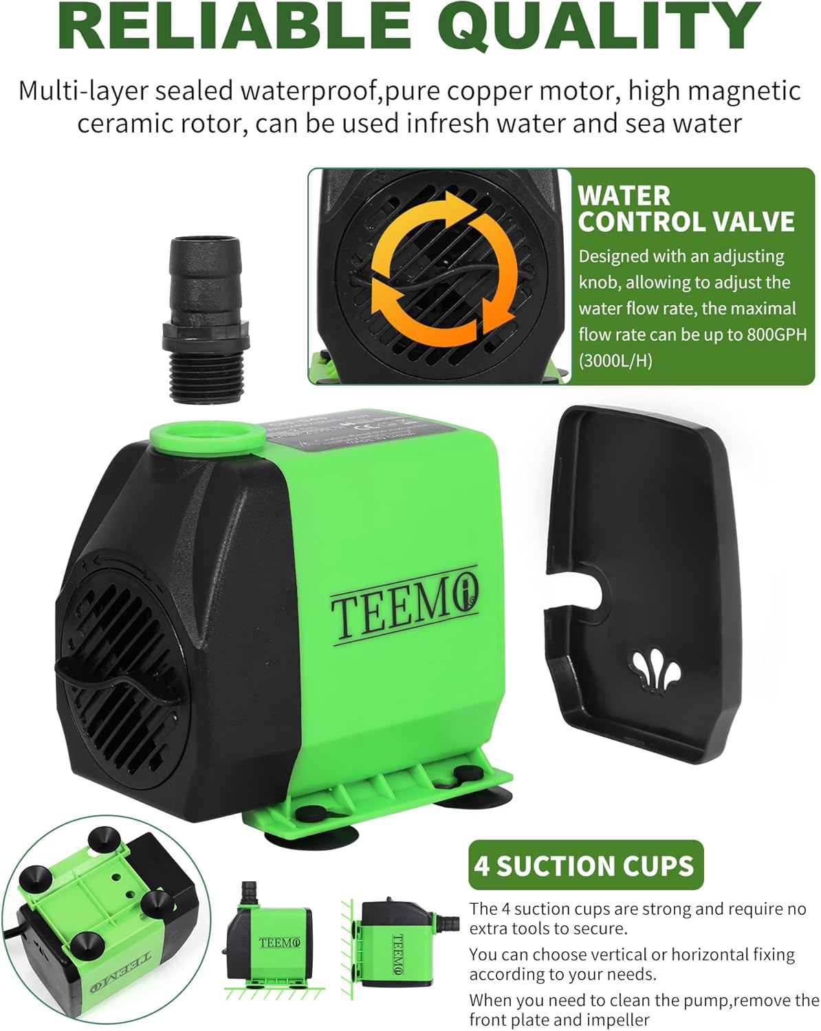 Quiet Adjustable 3000L/H 60W Submersible Aquarium Water Pump - Green DEMO