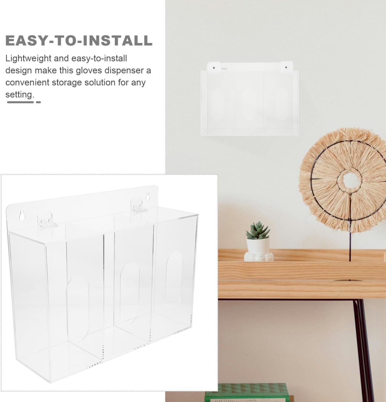 3-Compartment Acrylic Wall Mount Glove Dispenser Storage Box Clear Size NEW