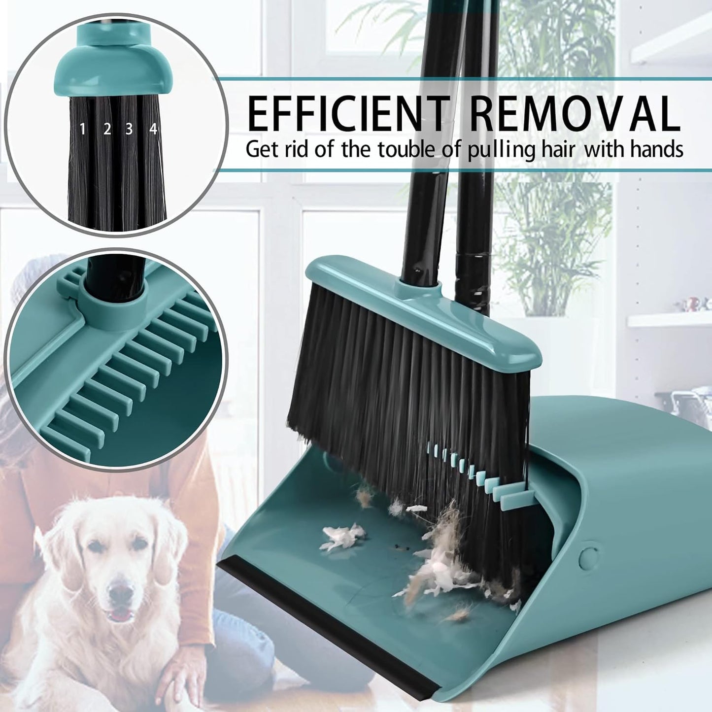 JEHONN Long Handle Lightweight Indoor Broom and Dustpan Combo Set Grey-Green NEW