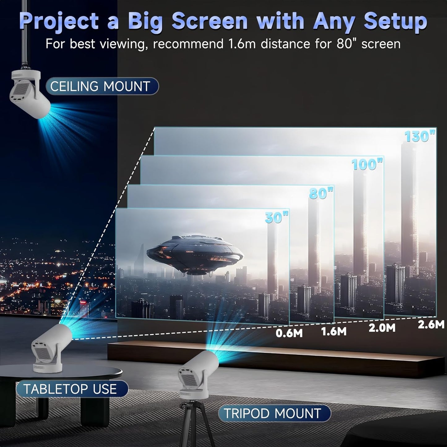 Portable 1080P/4K Projectors HD Projector with Electronic Focus - White