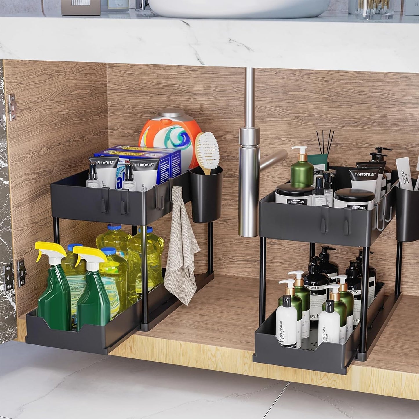 Puricon 2-Tier Pull Out Sliding Drawer Kitchen Storage Organizer Black NEW