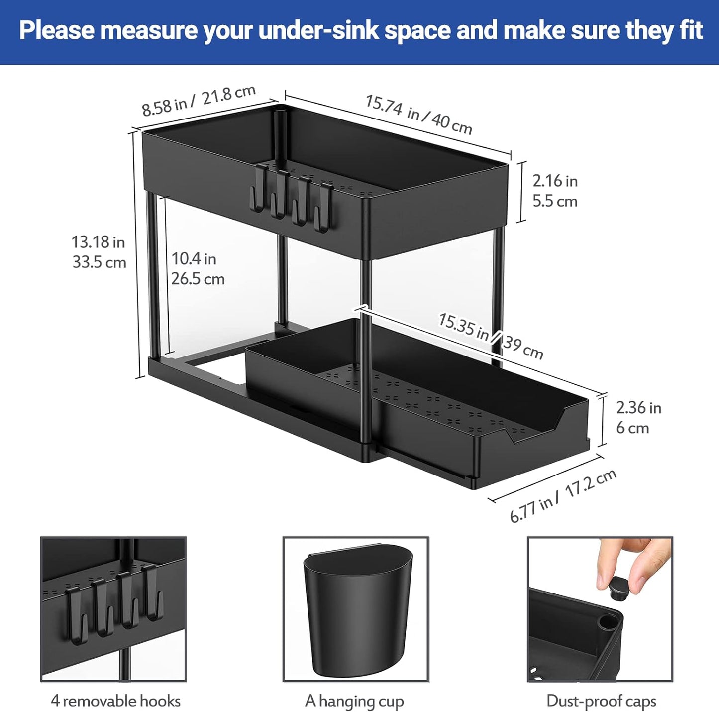 Puricon 2-Tier Pull Out Sliding Drawer Kitchen Storage Organizer Black NEW