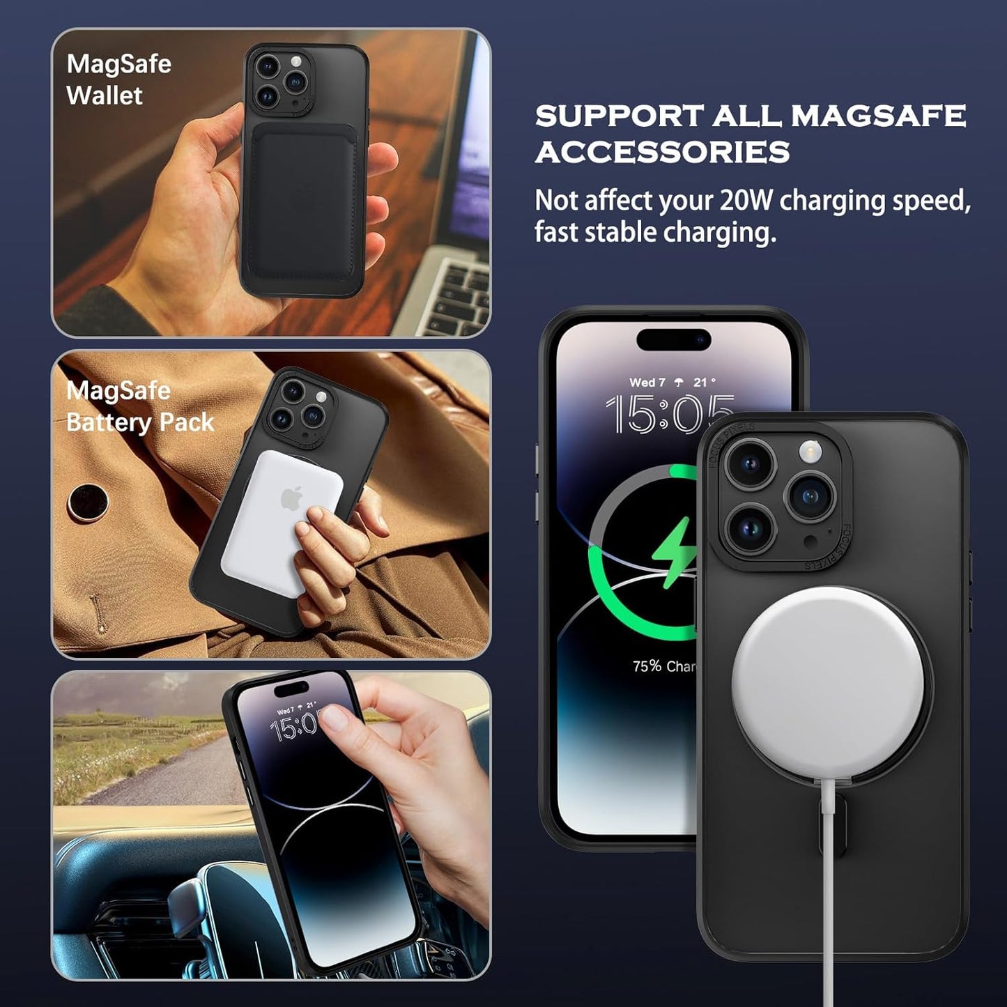 Magnetic 360° Rotating Phone Case for Apple iPhone 14 Pro, Black Size NEW