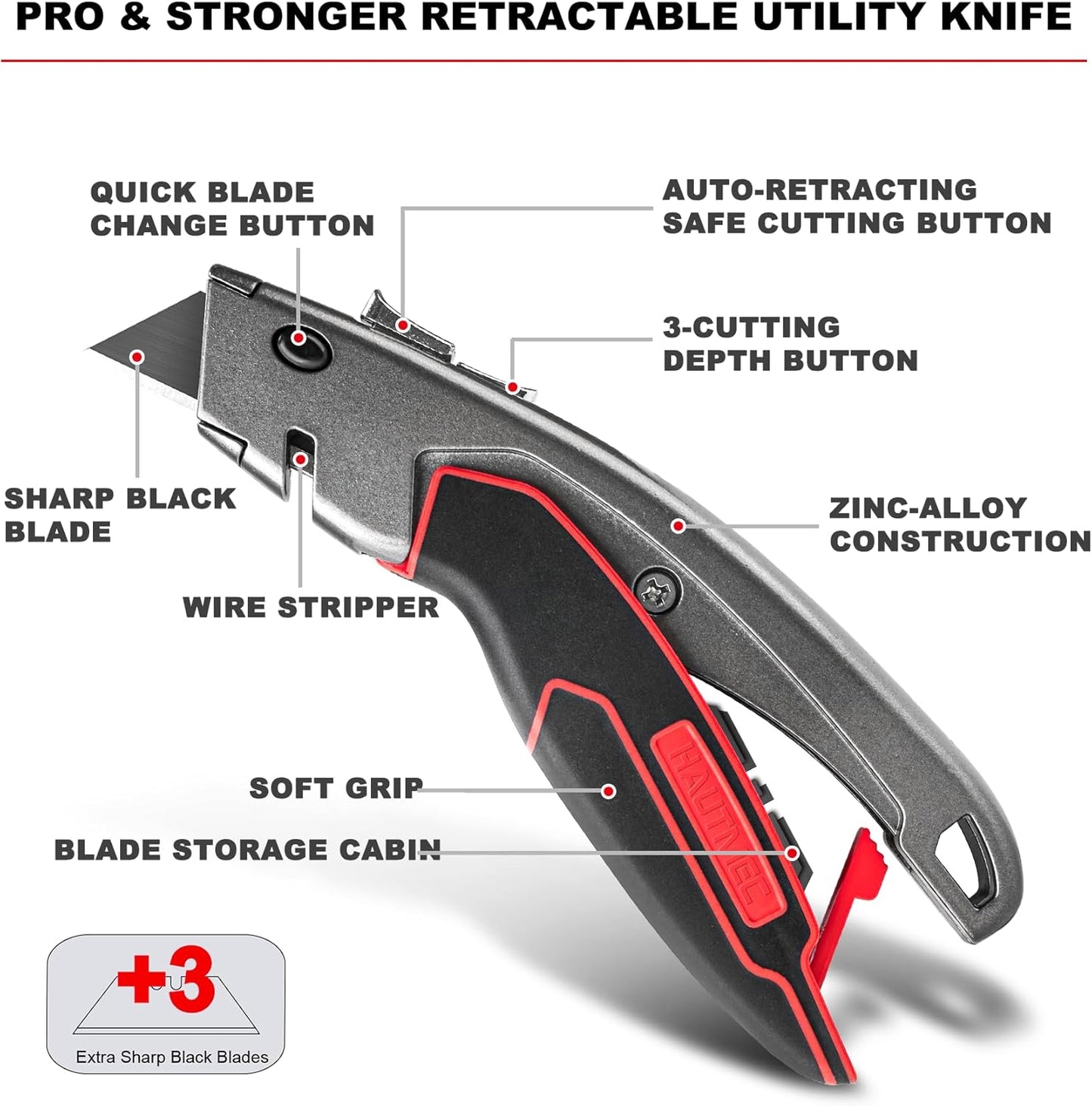 HAUTMEC Heavy-Duty Knives Utility Knife Safety Box Cutter Auto-Retracting DEMO
