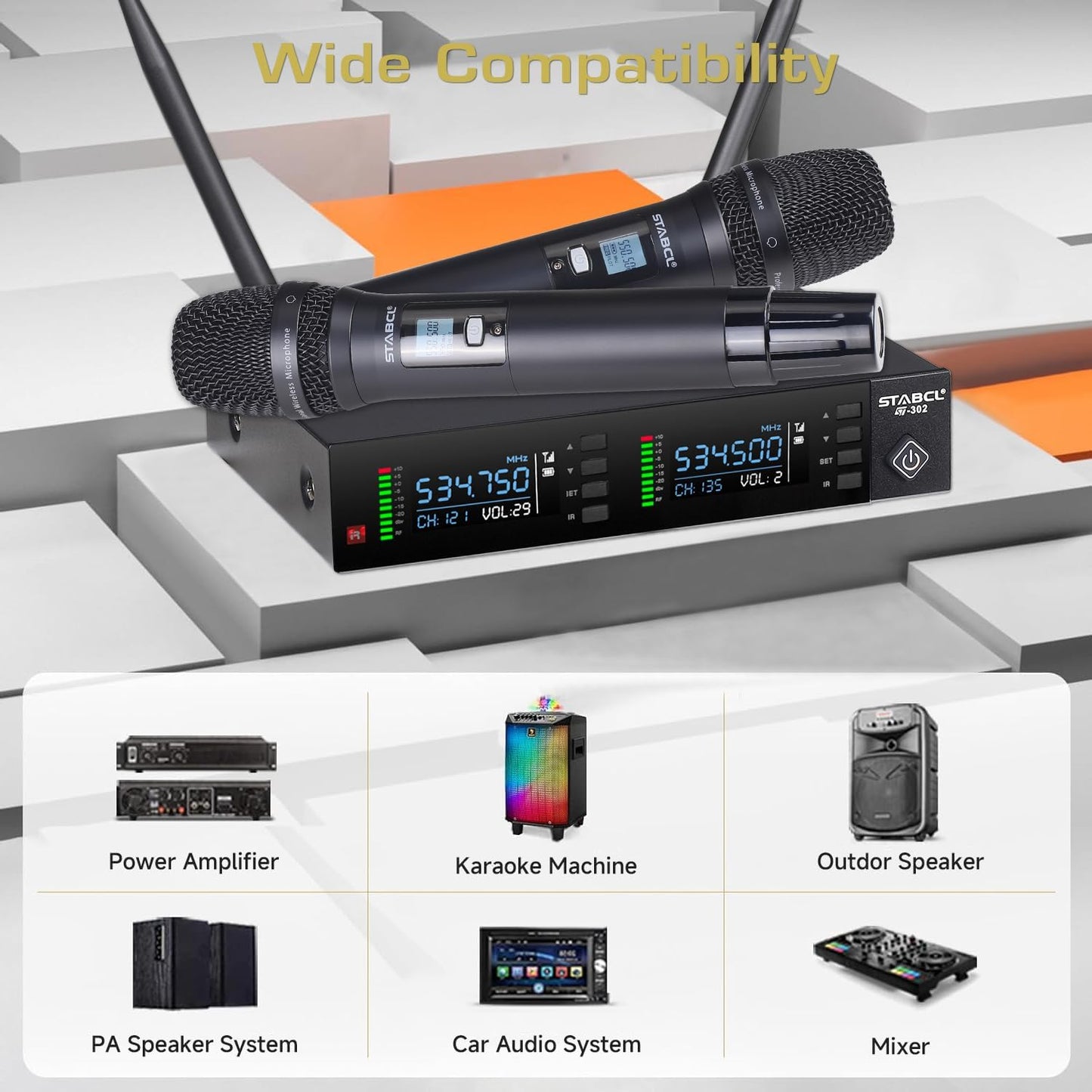 STABCL Dual Wireless Microphone System - 2-Channel UHF Auto Scan Black DEMO