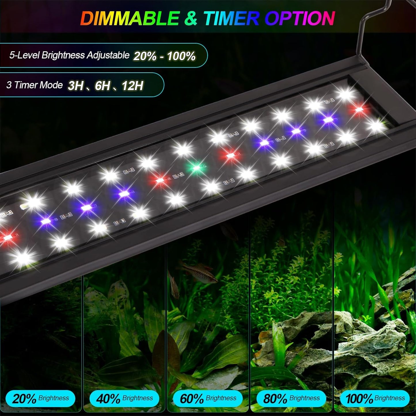Full Spectrum Aquarium Light with Timer for Fish Tank, Black NEW
