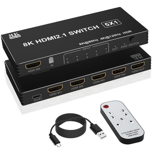8K HDMI Splitter Switch 5-in-1 Selector Box, 4K 120Hz Ultra HD, Black NEW
