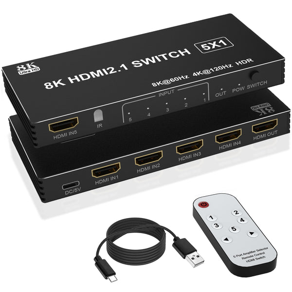 8K HDMI Splitter Switch 5-in-1 Selector Box, 4K 120Hz Ultra HD, Black NEW