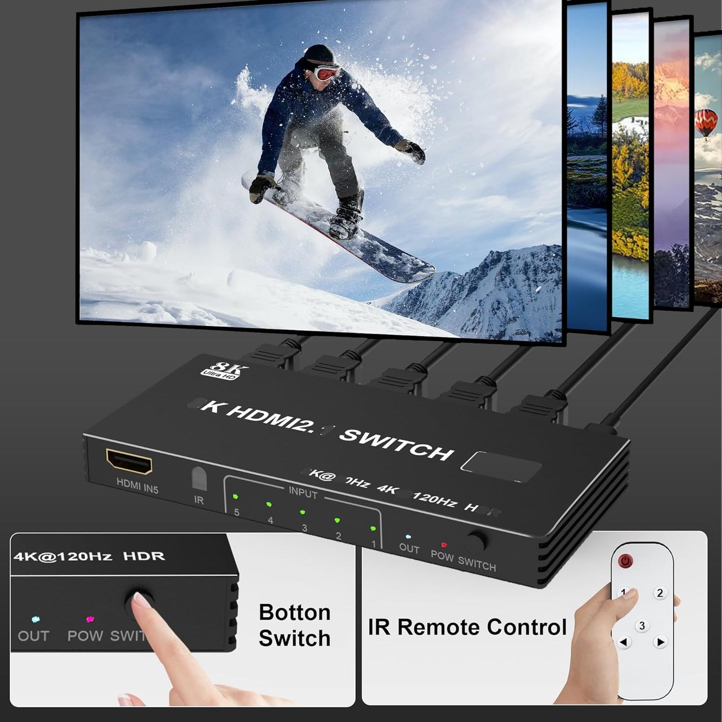 8K HDMI Splitter Switch 5-in-1 Selector Box, 4K 120Hz Ultra HD, Black NEW