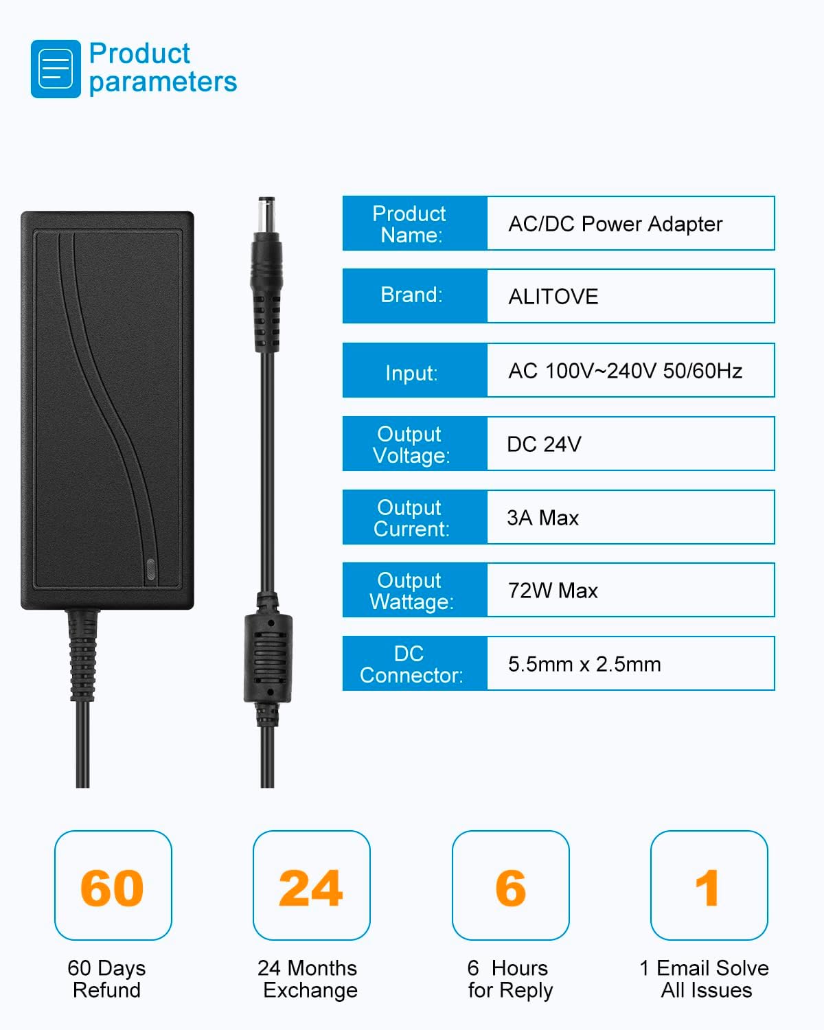 ALITOVE 72W AC Adapters AC to DC Adapter Power Supply Converter 220V 24V DEMO