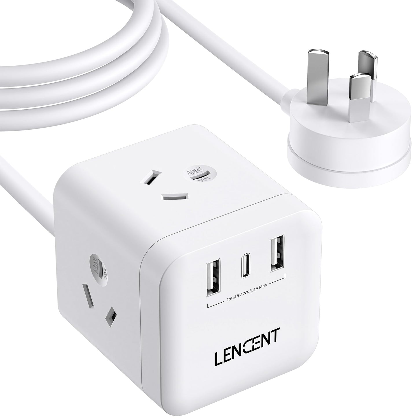 LENCENT White Power Strip with 3 AC Outlets and Dual USB Charging Ports DEMO