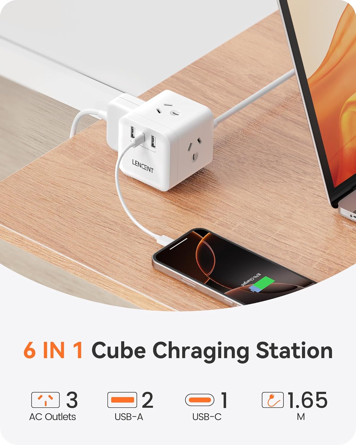 LENCENT White Power Strip with 3 AC Outlets and Dual USB Charging Ports DEMO