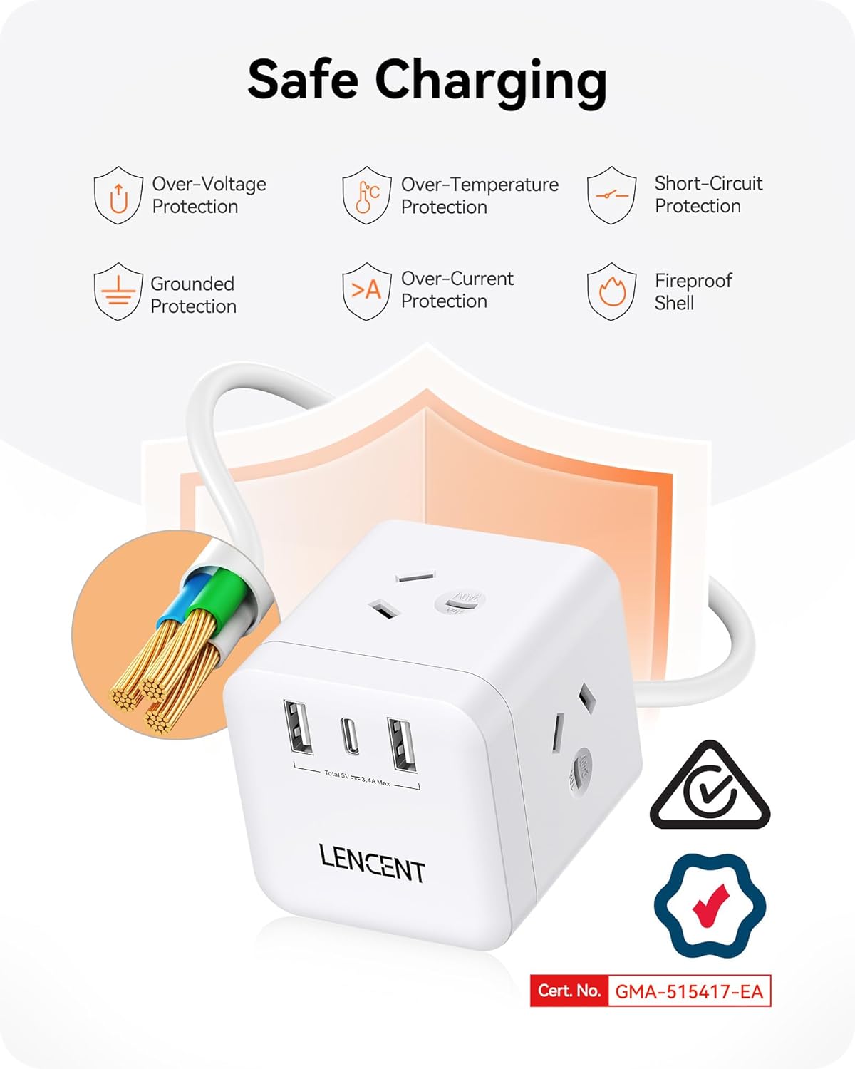 LENCENT White Power Strip with 3 AC Outlets and Dual USB Charging Ports DEMO