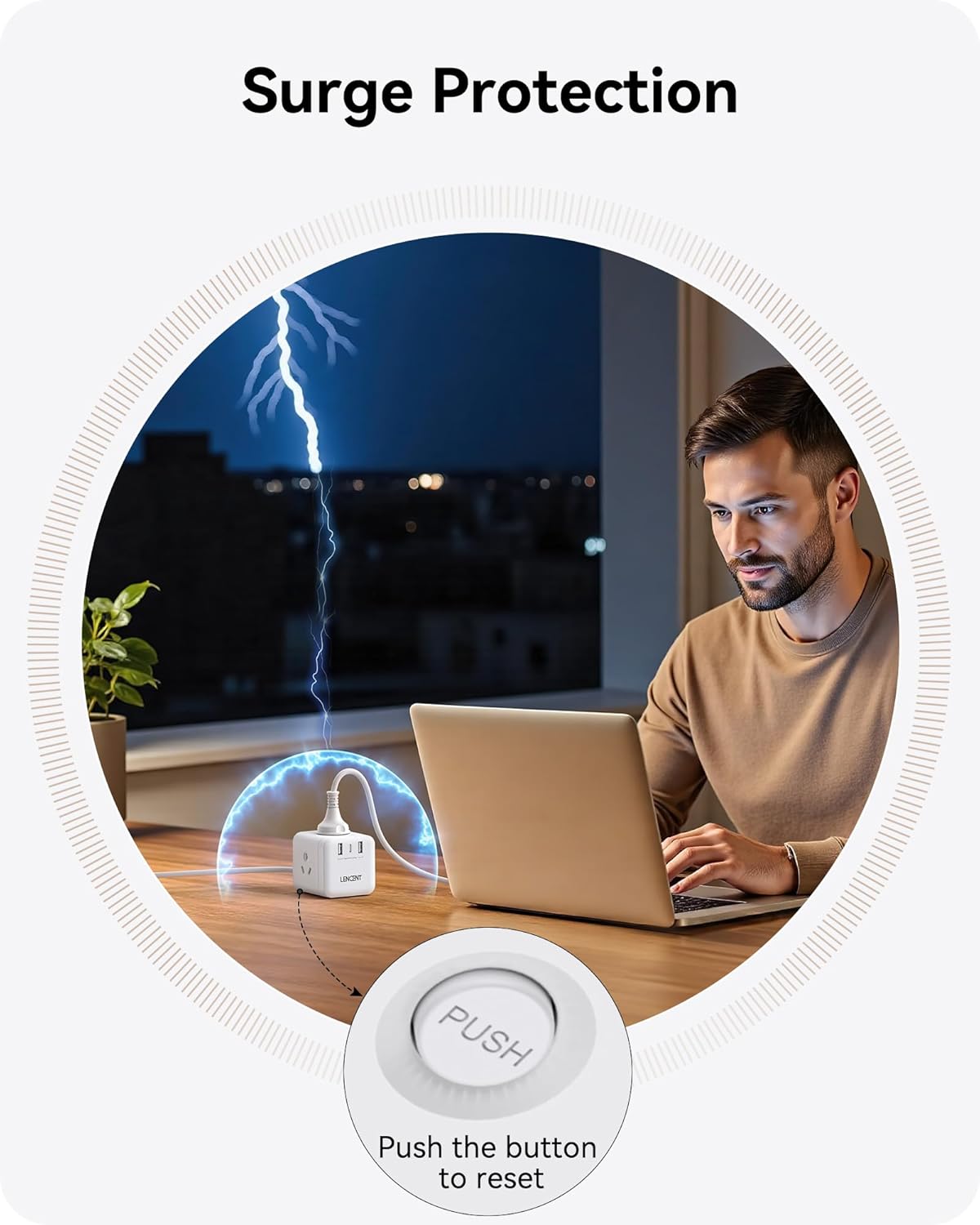 LENCENT White Power Strip with 3 AC Outlets and Dual USB Charging Ports DEMO