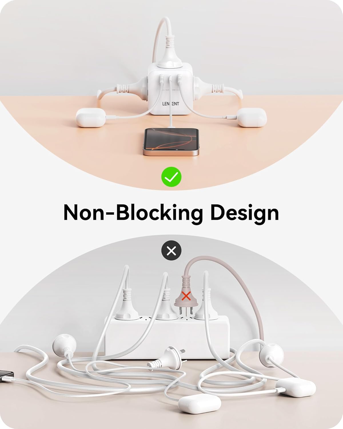 LENCENT White Power Strip with 3 AC Outlets and Dual USB Charging Ports DEMO