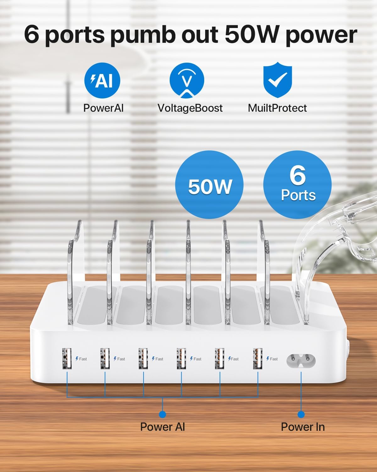SOOPII 6-Port Mains Chargers 50W USB Charging Station Organizer for NEW