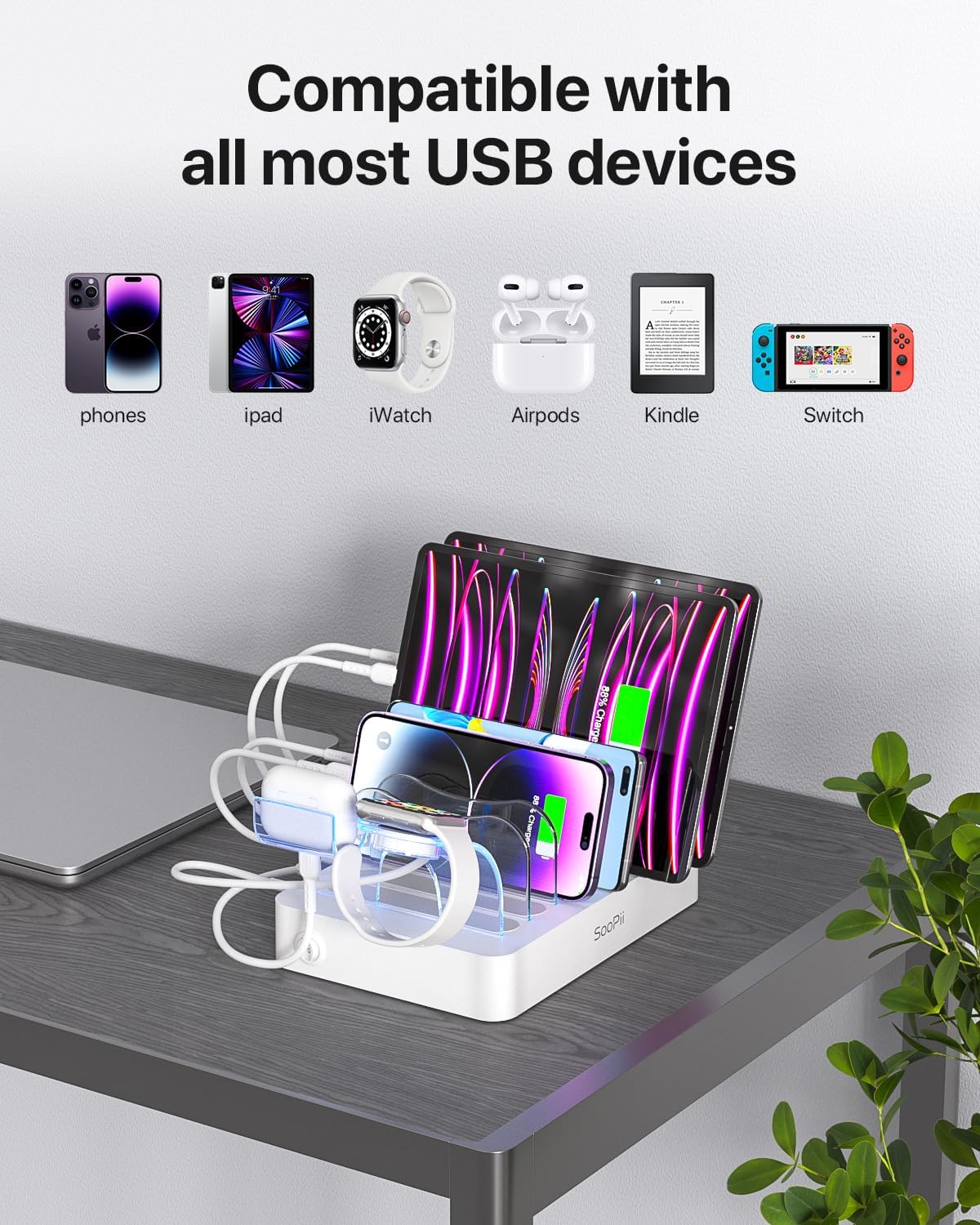 SOOPII 6-Port Mains Chargers 50W USB Charging Station Organizer for NEW