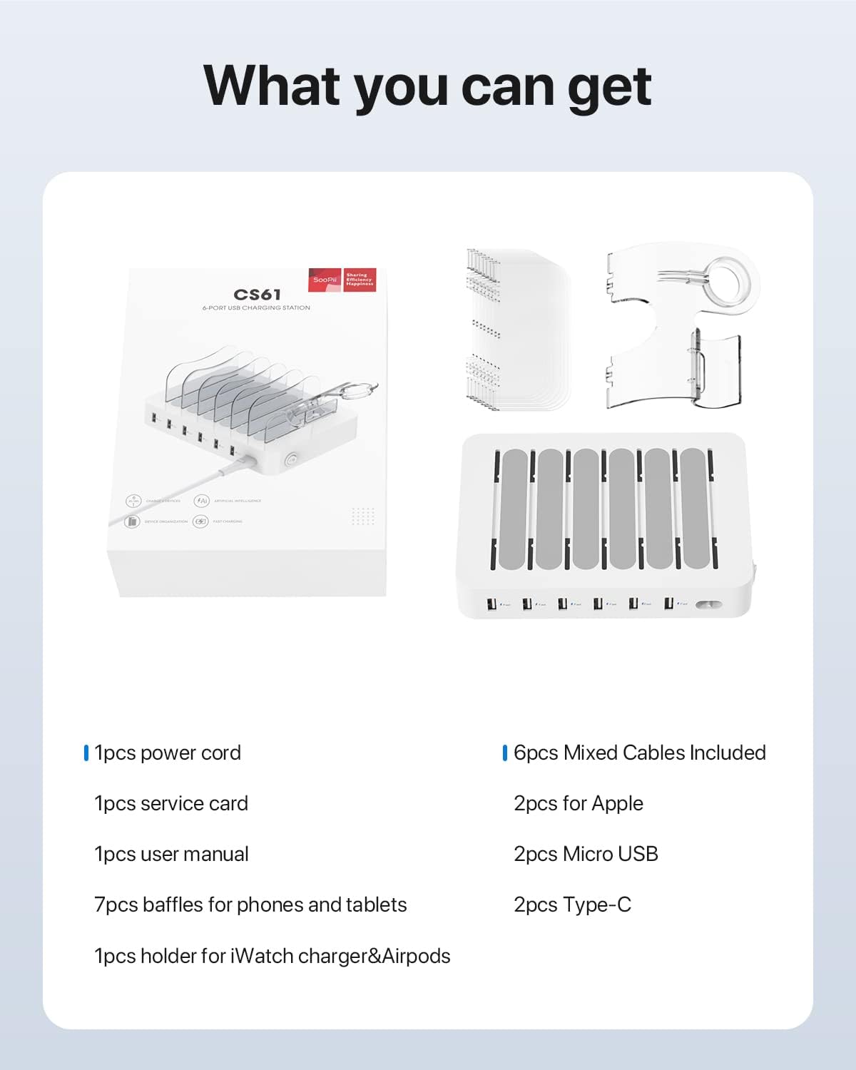 SOOPII 6-Port Mains Chargers 50W USB Charging Station Organizer for NEW