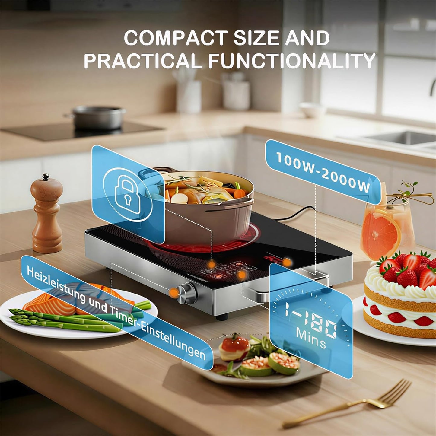 Portable 2200W Electric Ceramic Cooktop Hot Plate, Silver, 453x83x338mm DEMO