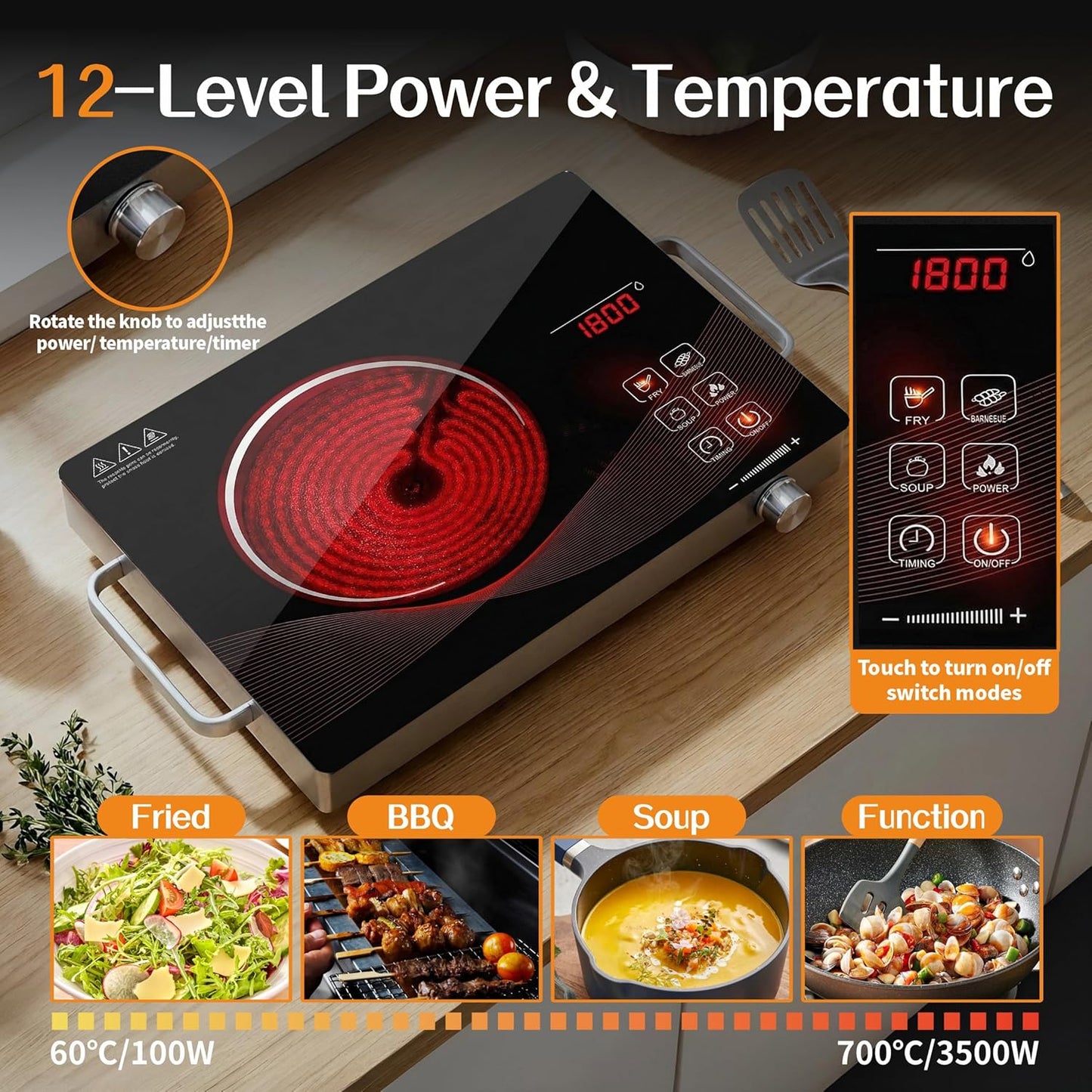 Portable 2200W Electric Ceramic Cooktop Hot Plate, Silver, 453x83x338mm DEMO