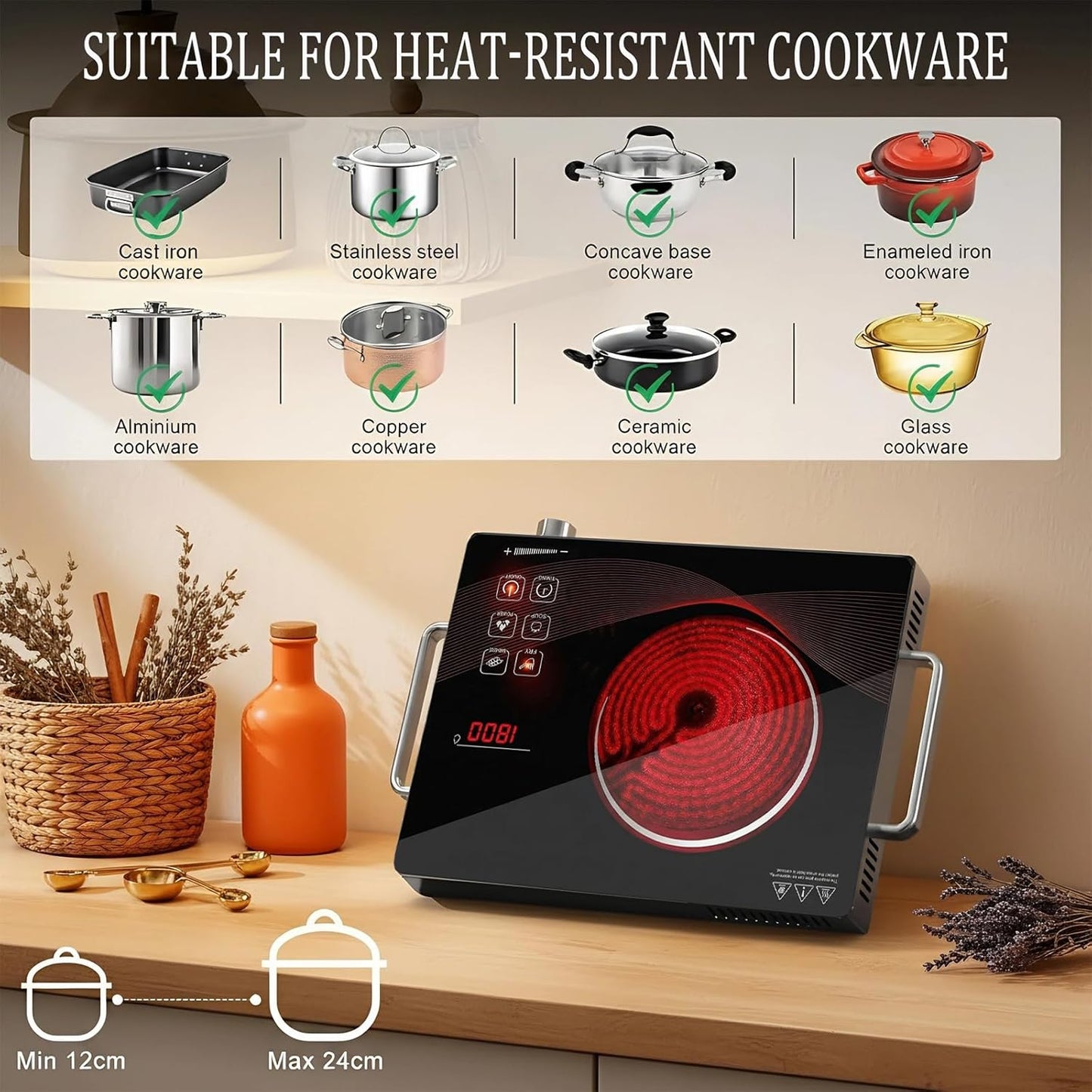 Portable 2200W Electric Ceramic Cooktop Hot Plate, Silver, 453x83x338mm DEMO