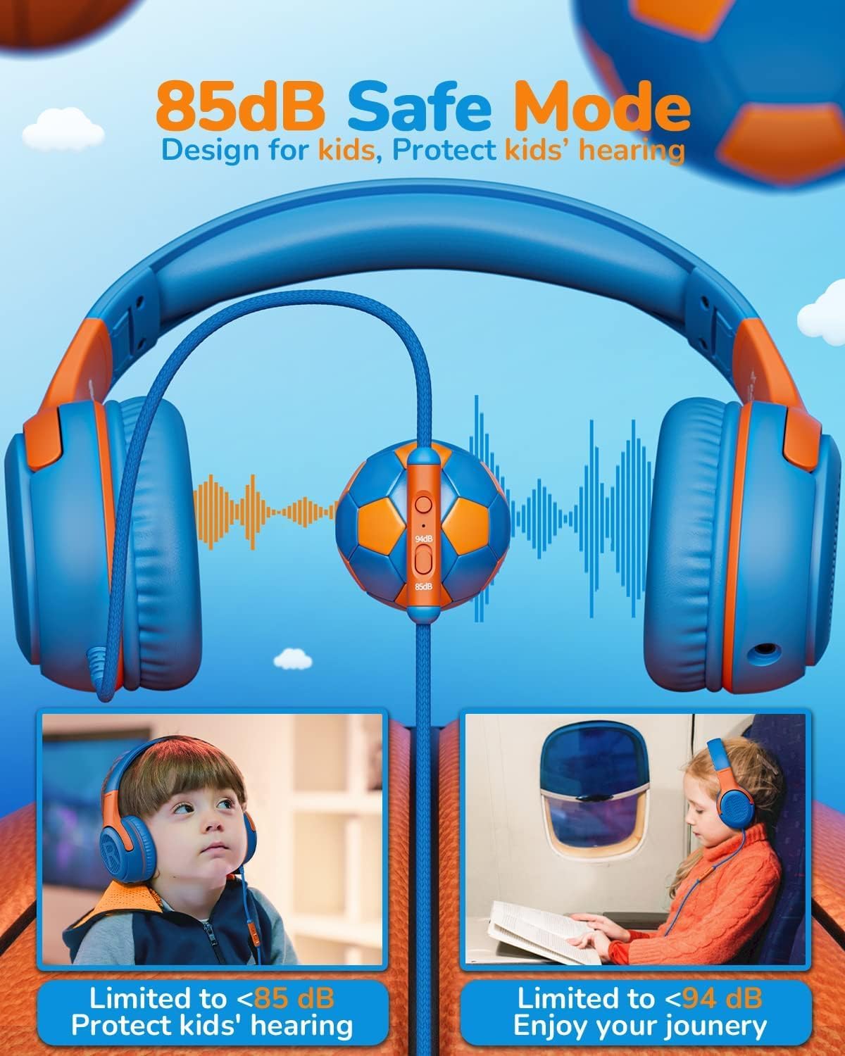 awatrue Kids On-Ear Headphones with Mic, Blue Green & Orange, Comfortable DEMO